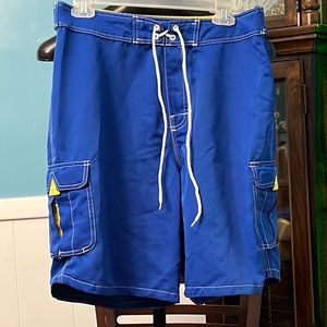 RUSTY 36 waist board shorts, royal blue/yellow Jersey, cargo pockets